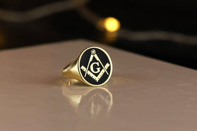 Master Mason Blue Lodge Ring - Gold With Black Enamel Various Materials - Bricks Masons