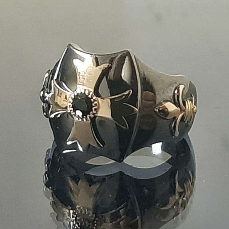 Order Of Malta Ring - Blackened Sterling Silver Blue-Green Sapphire - Bricks Masons