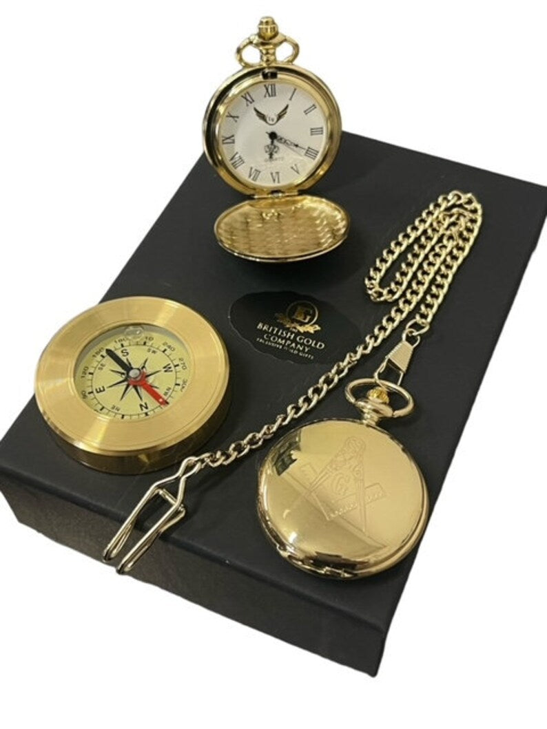 Master Mason Blue Lodge Pocket Watch - 24k Gold Clad and Compass in Luxury Gift Set - Bricks Masons