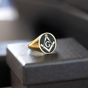 Master Mason Blue Lodge Ring - Gold & Black Enamel Various Materials - Bricks Masons