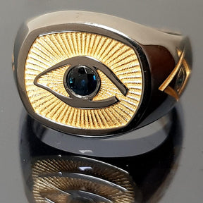 Eye of providence Ring - Sapphire Eye Square & Compass Sterling Silver-Sterling silver ring - Bricks Masons