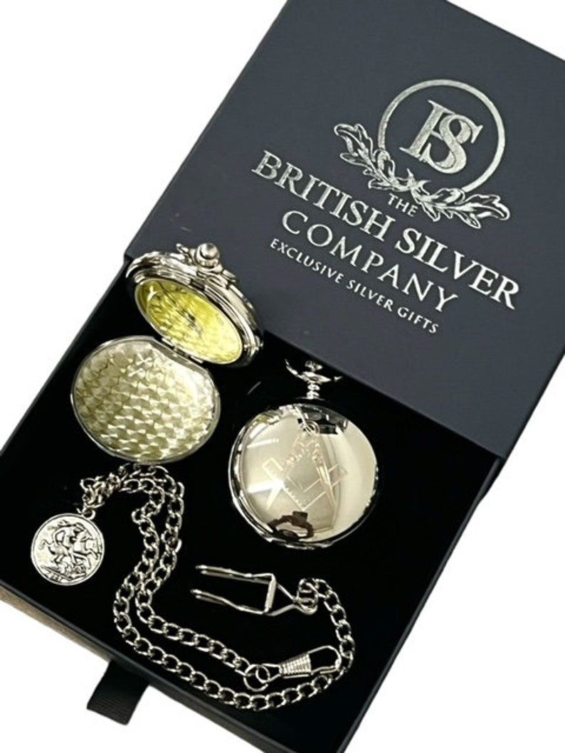 Master Mason Blue Lodge Pocket Watch - Custom Engraving Silver Chain - Bricks Masons