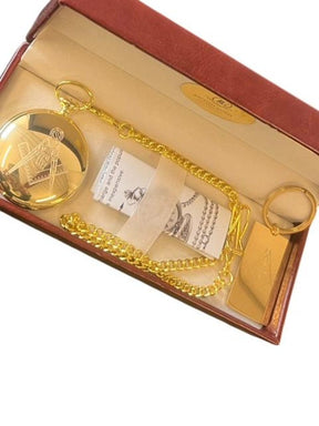 Master Mason Blue Lodge Pocket Watch - 24k Gold Clad Keyring Luxury Gift Set - Bricks Masons
