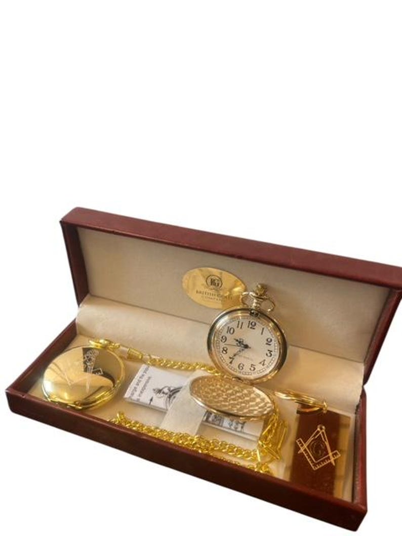 Master Mason Blue Lodge Pocket Watch - 24k Gold Clad Keyring Luxury Gift Set - Bricks Masons