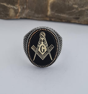 Master Mason Blue Lodge Ring - Handmade Sterling Silver Onyx - Bricks Masons
