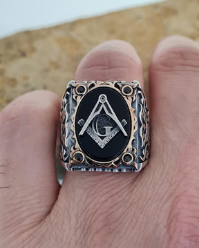 Master Mason Blue Lodge Ring - Handmade Sterling Silver Onyx - Bricks Masons