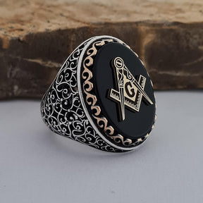Master Mason Blue Lodge Ring - Sterling Silver Onyx - Bricks Masons