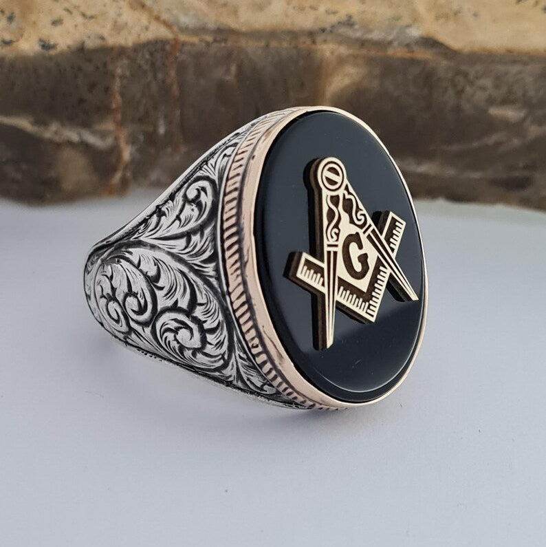 Master Mason Blue Lodge Ring - Sterling Silver Onyx - Bricks Masons