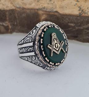 Master Mason Blue Lodge Ring - Handmade Sterling Silver Onyx Masonic - Bricks Masons