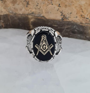 Master Mason Blue Lodge Ring - Black Onyx Freemason Symbol - Bricks Masons