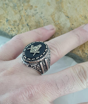 Master Mason Blue Lodge Ring - Handmade Sterling Silver Onyx Masonic - Bricks Masons