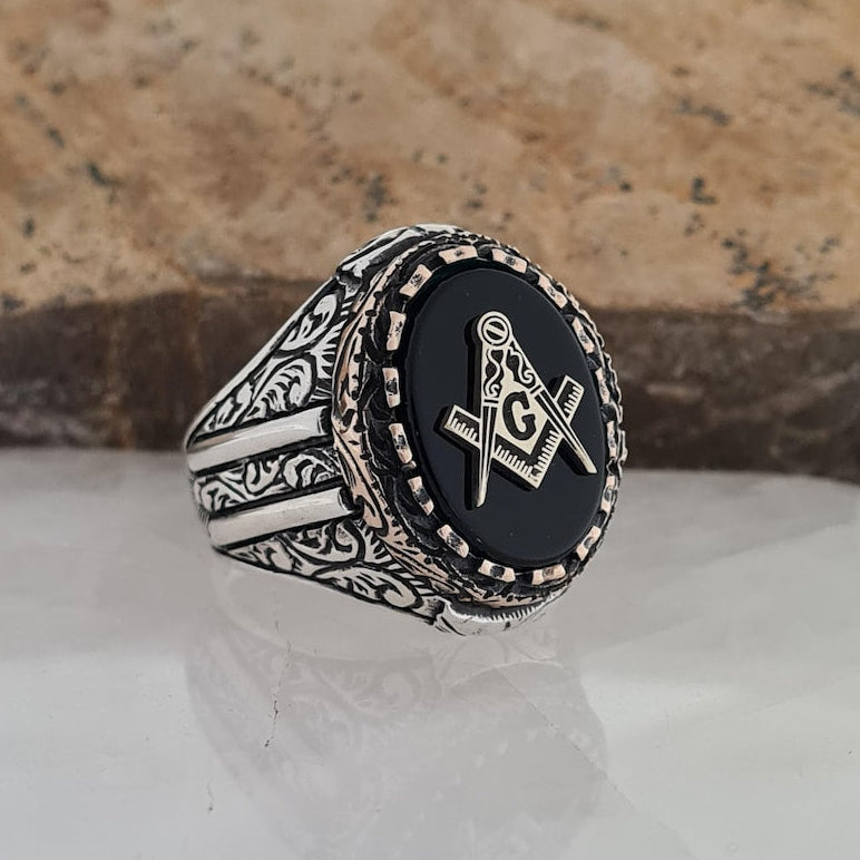 Master Mason Blue Lodge Ring - Handmade Sterling Silver Onyx Masonic - Bricks Masons