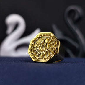 Master Mason Blue Lodge Ring - Octagon Gold Plated S & C With G Customizable - Bricks Masons