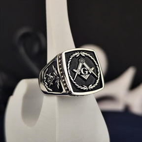 Master Mason Blue Lodge Ring -  Square & Compass G with Wreath Silver & Gold - Bricks Masons