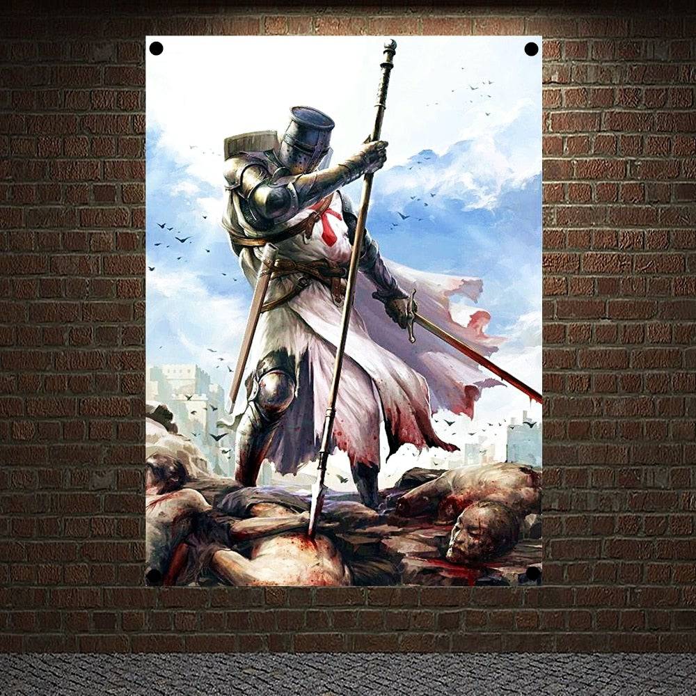 Knights Templar Flag - Vintage Medieval Warrior Wall Art - Bricks Masons
