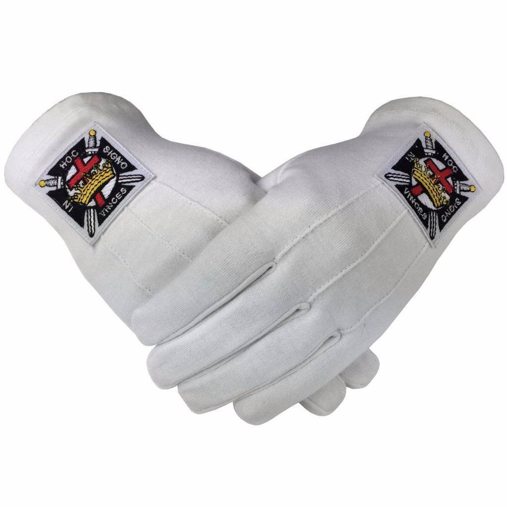 Knights Templar Commandery Gloves - White Cotton Machine Embroidered Emblem - Bricks Masons
