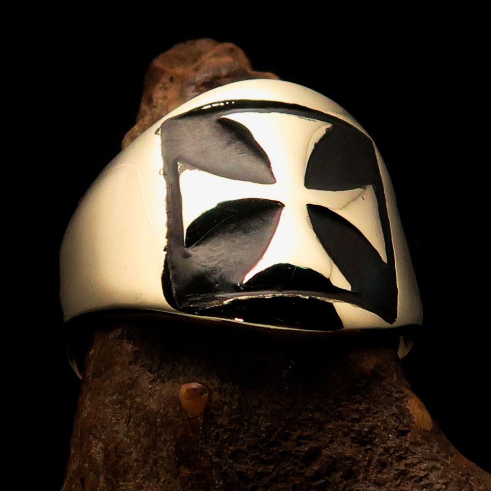 Knights Templar Ring - Black Solid Brass With Cross - Bricks Masons