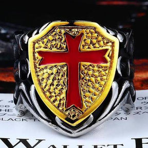 Knights Templar Ring - Red Cross Gold Shield - Bricks Masons