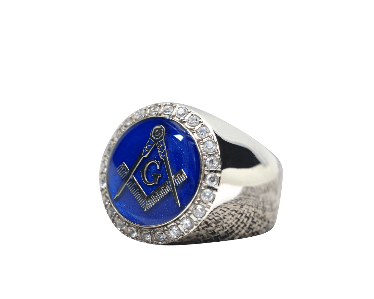 Master Mason Blue Lodge Ring - White Gold Plated With Blue - Bricks Masons