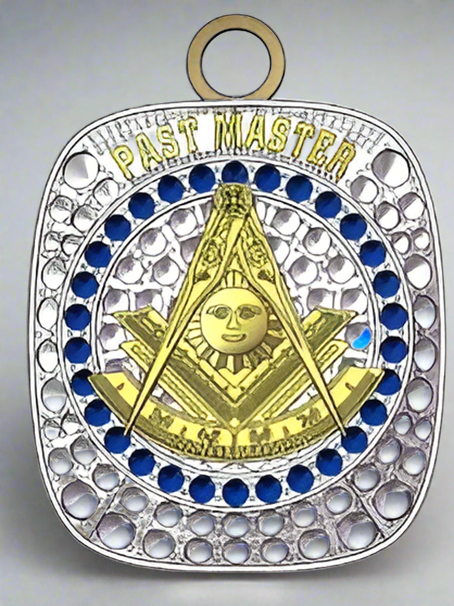 Past Master Blue Lodge Pendant - White Gold Plated With Rhinestones - Bricks Masons