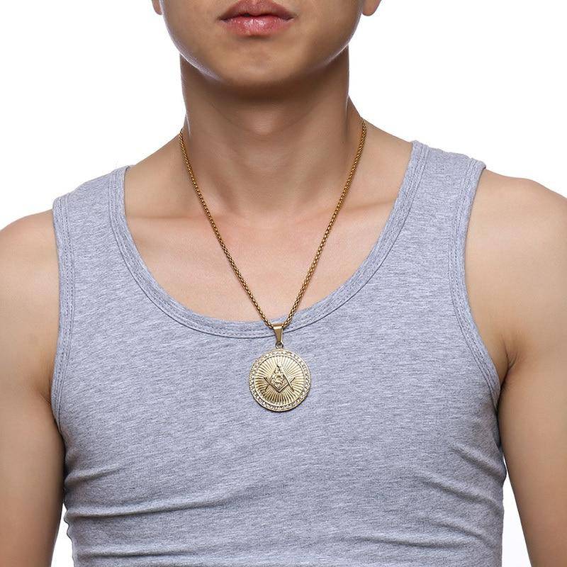 Master Mason Blue Lodge Necklace - Gold Compass and Square G Stainless Steel - Bricks Masons