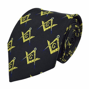Master Mason Blue Lodge Necktie - Black & Gold Silk Machine Embroidery - Bricks Masons