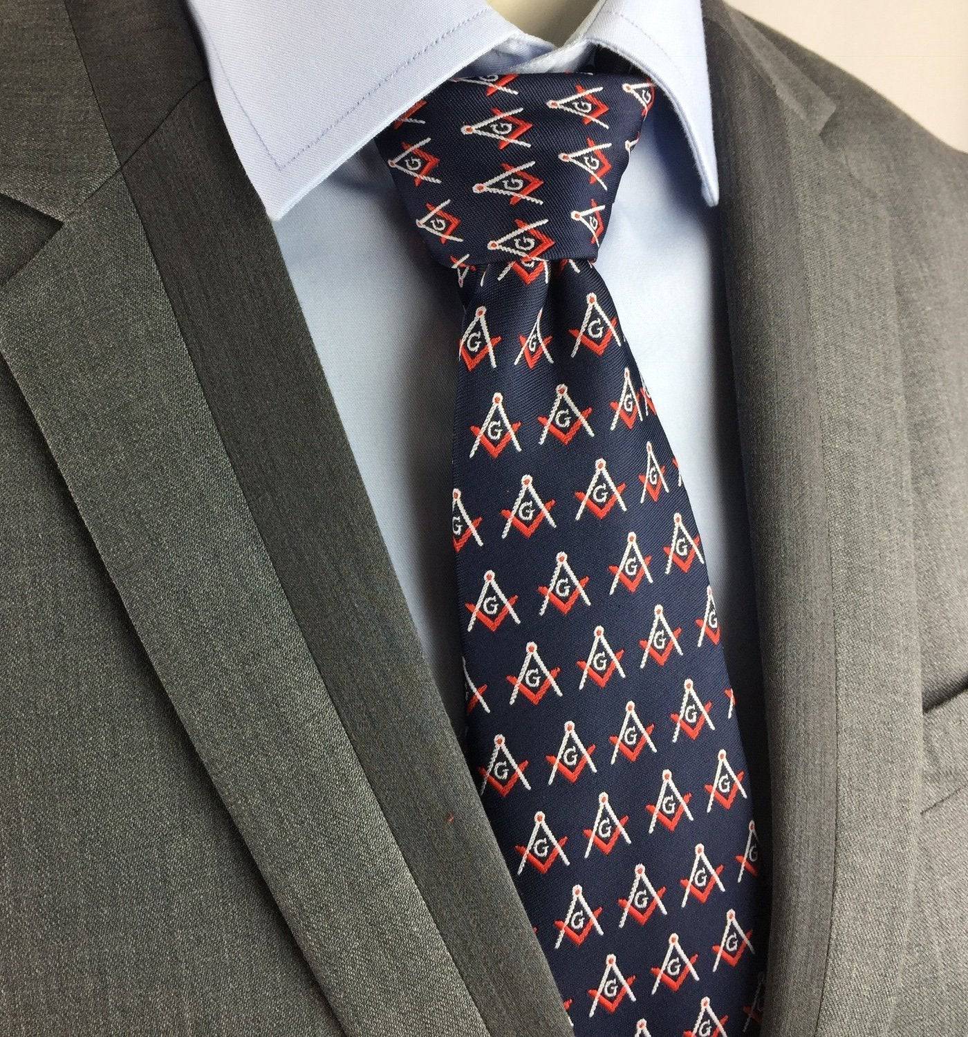 Master Mason Blue Lodge Necktie - Blue & Navy Silk Square & Compass G - Bricks Masons