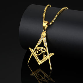 Master Mason Blue Lodge Pendant - Titanium Steel Gold Plated Square & Compass With Eye Of Horus - Bricks Masons