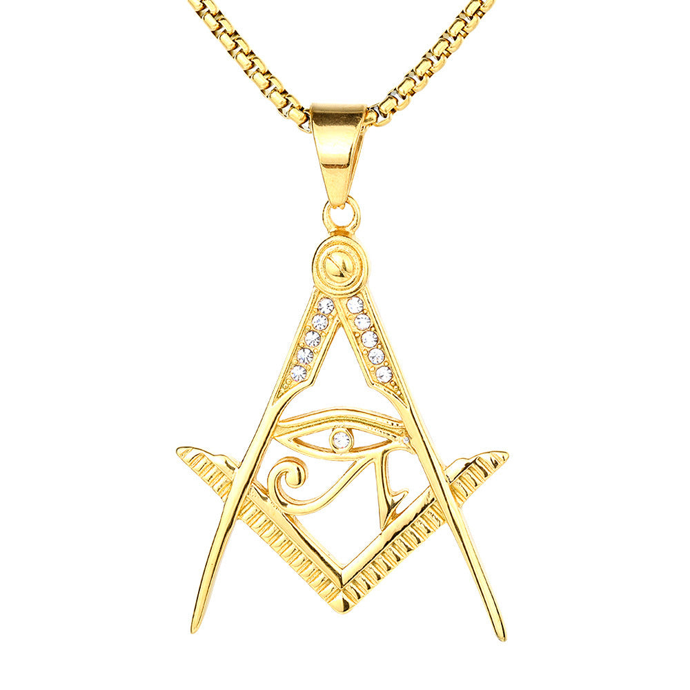 Master Mason Blue Lodge Pendant - Titanium Steel Gold Plated Square & Compass With Eye Of Horus - Bricks Masons