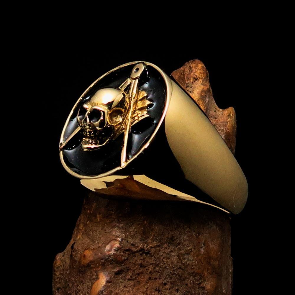 Master Mason Blue Lodge Ring - Gold & Black Solid Brass With Skull Square Compass - Bricks Masons