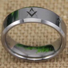 Master Mason Blue Lodge Ring - Silver Bevel Tungsten Personalizable - Bricks Masons