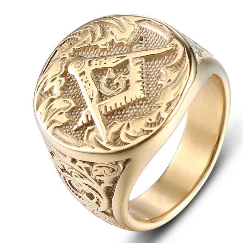 Master Mason Blue Lodge Ring - Square Compass G Motif Gold Color - Bricks Masons