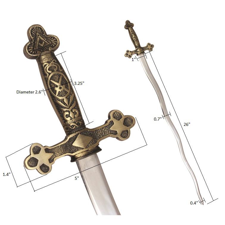 Master Mason Blue Lodge Sword - Snake Flaming Sword Square Compass with Gold Hilt - Bricks Masons