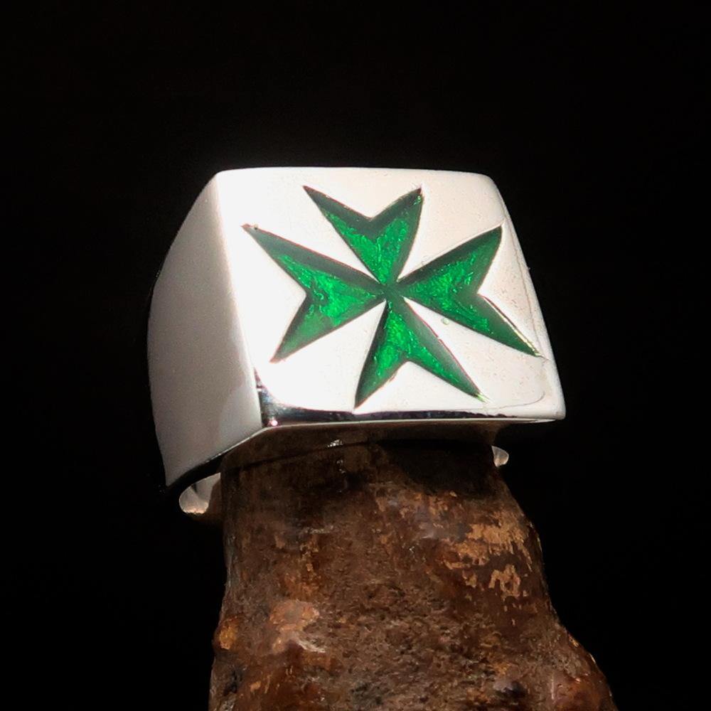 Order of Malta Ring - Green Cross Sterling Silver - Bricks Masons