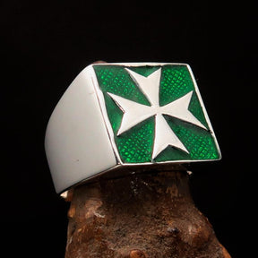 Order of Malta Ring - Green & Silver Cross Sterling Silver - Bricks Masons