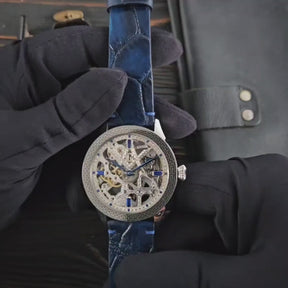 Master Mason Blue Lodge Wristwatch -  Silver Skeleton With Blue Leather Strap