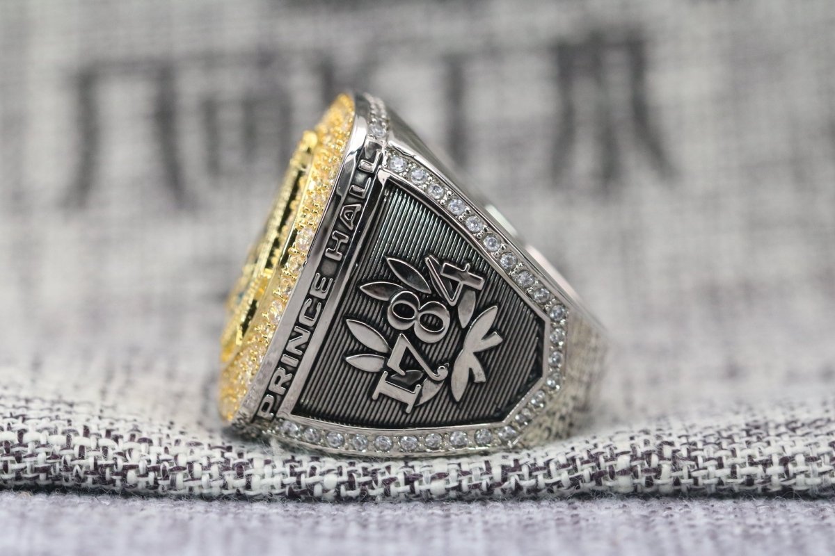 Master Mason Blue Lodge Ring - Prince Hall Gold Face With Rhinestones - Bricks Masons