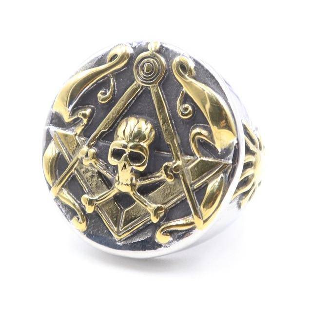 Widows Sons Ring - Skull Cross Bones and Compass with Golden Motif