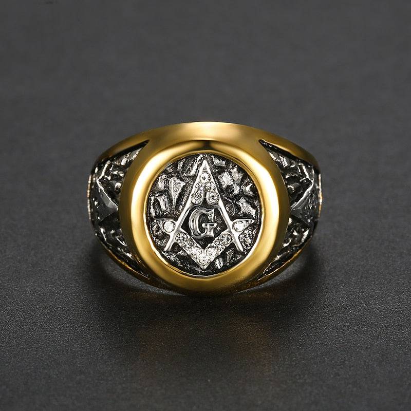 Master Mason Blue Lodge Ring - Square and Compass G Gold Crystal Plated