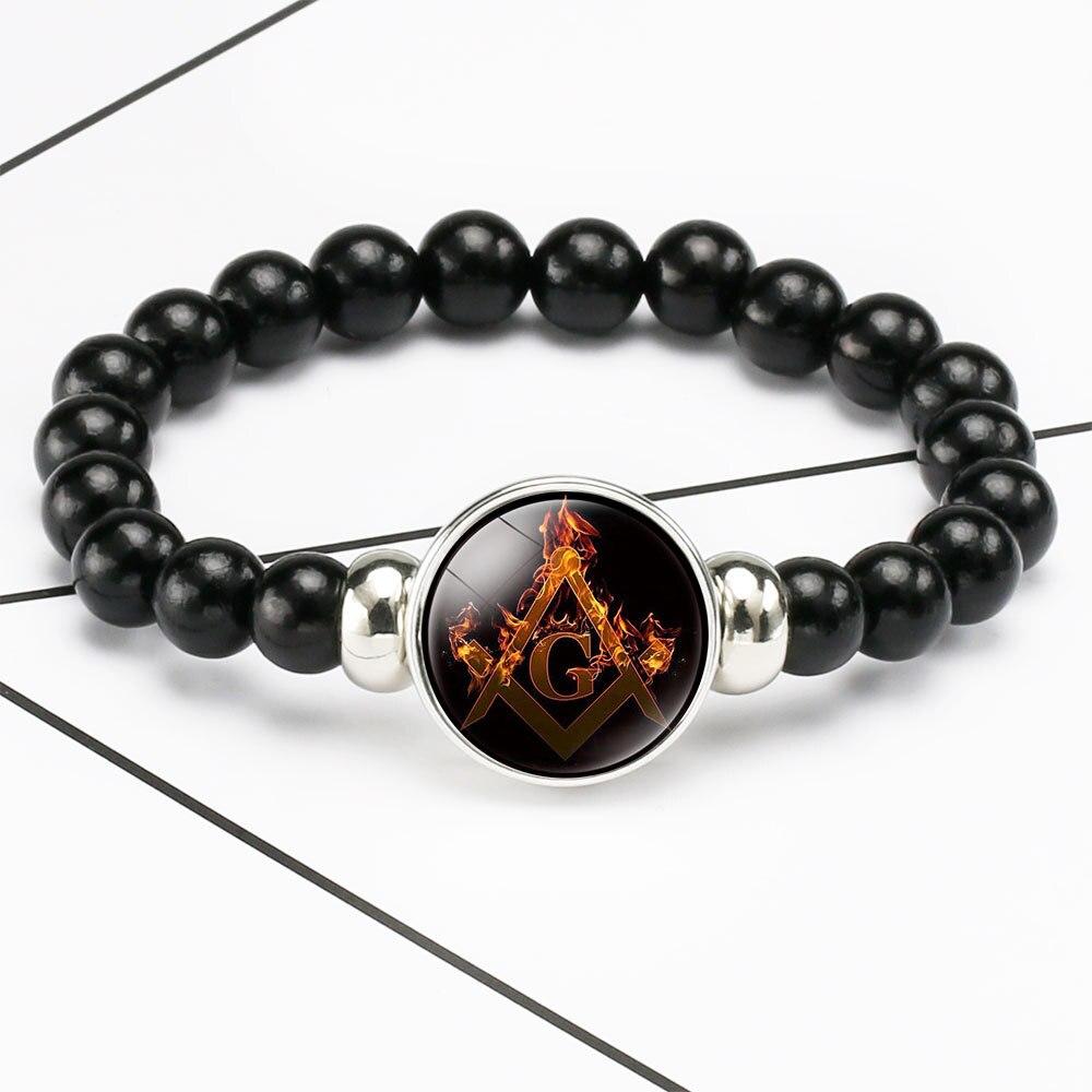 Master Mason Blue Lodge Bracelet - Compass & Square G Black Beads - Bricks Masons