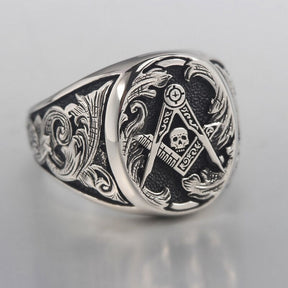 Master Mason Blue Lodge Ring - Signet Skull Square and Compass 925 Sterling Silver