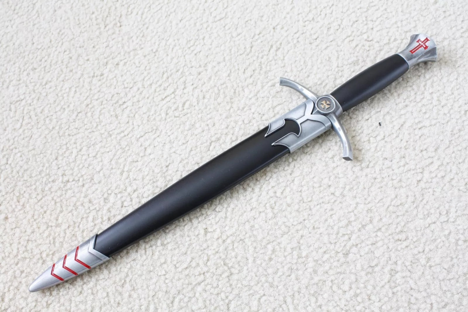 Knights Templar Sword - Silver Medieval Red Cross Crusader With Black Scabbard (15.4") - Bricks Masons
