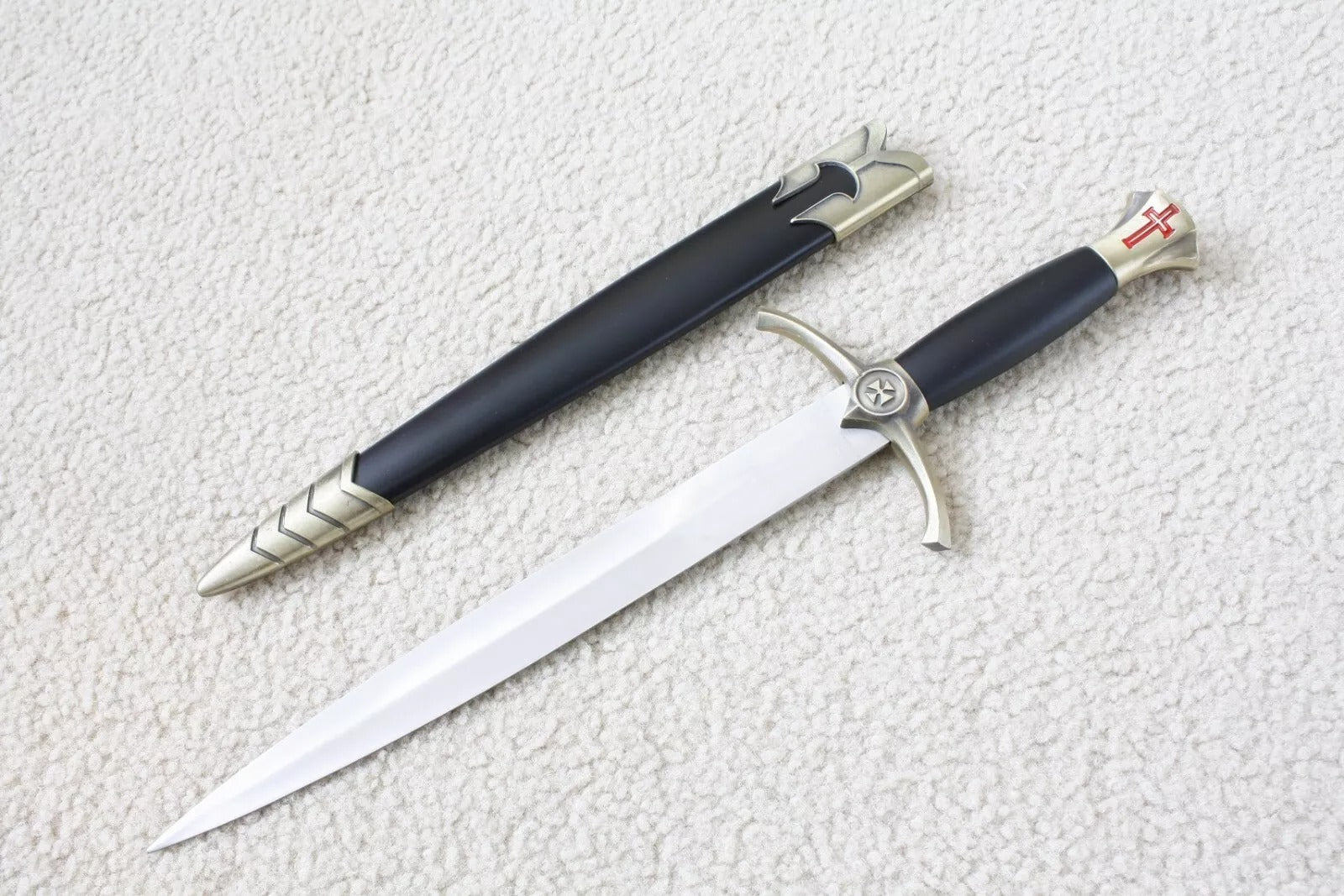 Knights Templar Sword - Brass Medieval Red Cross Crusader With Black Scabbard (15.4") - Bricks Masons