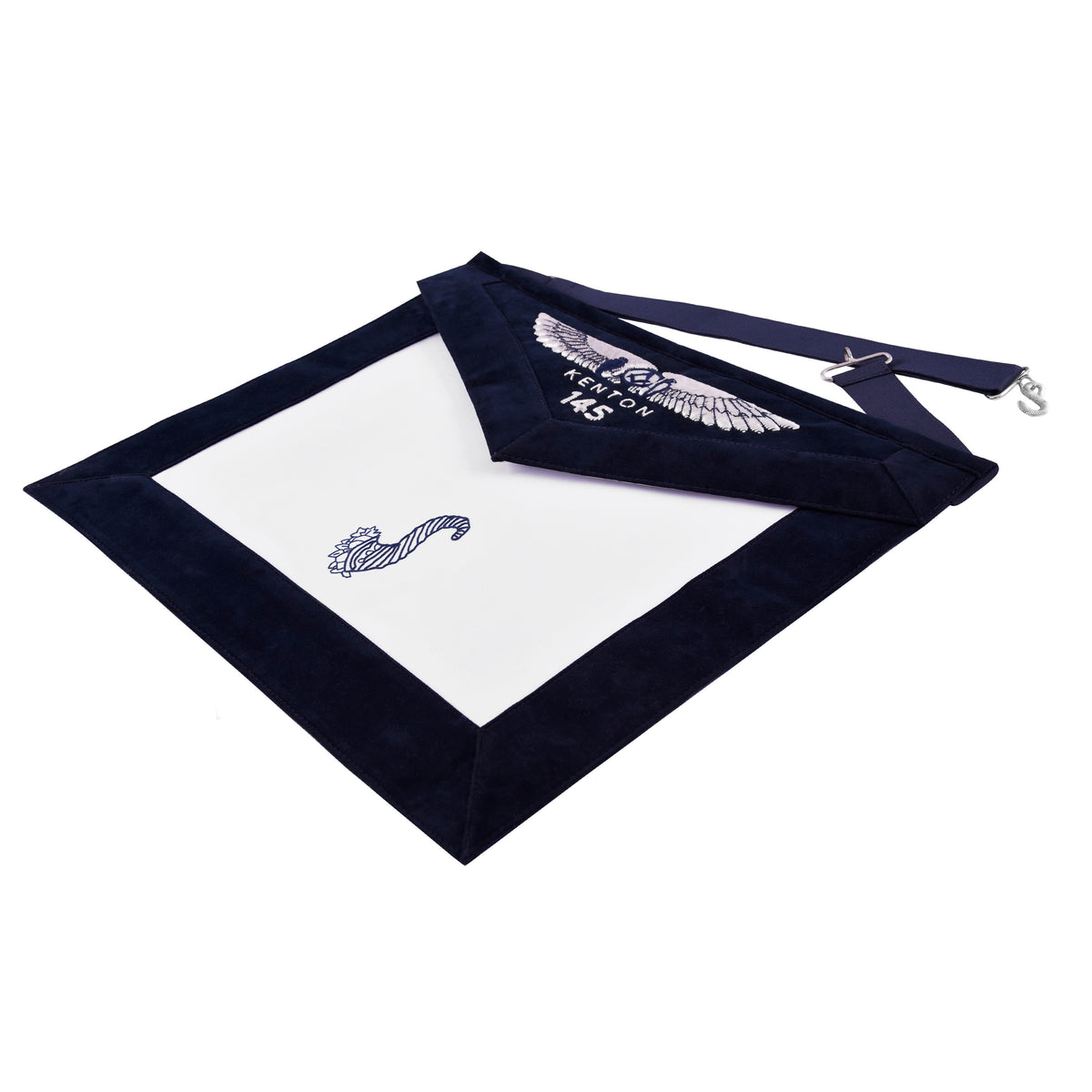 Senior Steward Blue Lodge Officer Apron - Kenton Lodge Navy Velvet With Silver Embroidery Thread - Bricks Masons