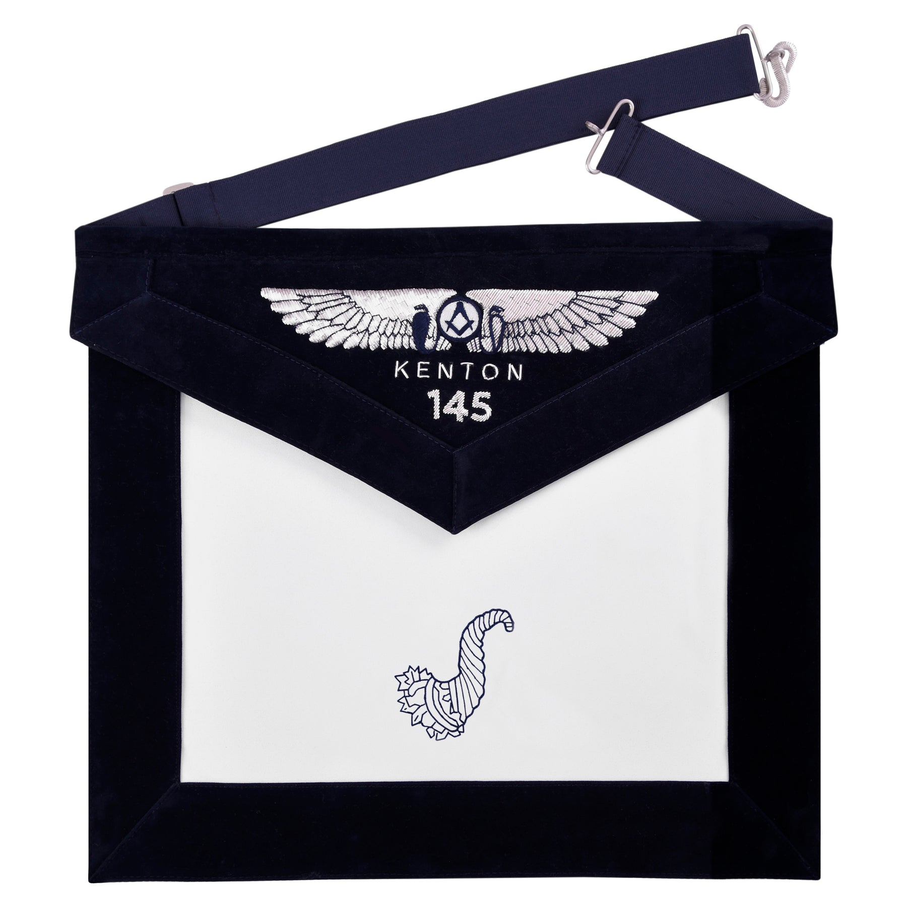 Senior Steward Blue Lodge Officer Apron - Kenton Lodge Navy Velvet With Silver Embroidery Thread - Bricks Masons