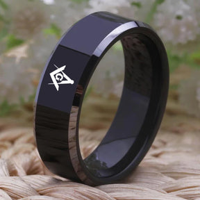 Master Mason Blue Lodge Ring - Black Tungsten Carbide - Bricks Masons