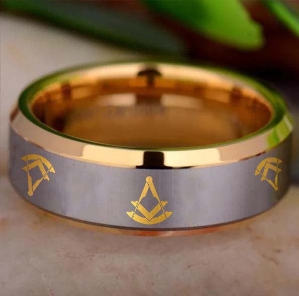 Past Master Blue Lodge  Ring - Gold Beveled Tungsten - Bricks Masons