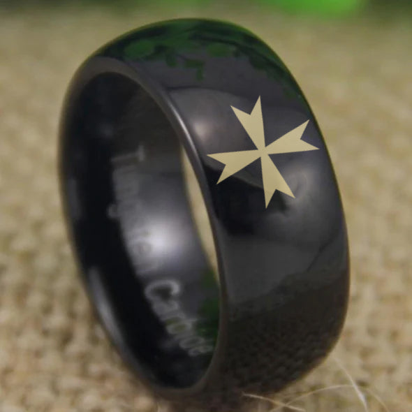 Order of Malta Commandery Ring - Black Dome Tungsten - Bricks Masons