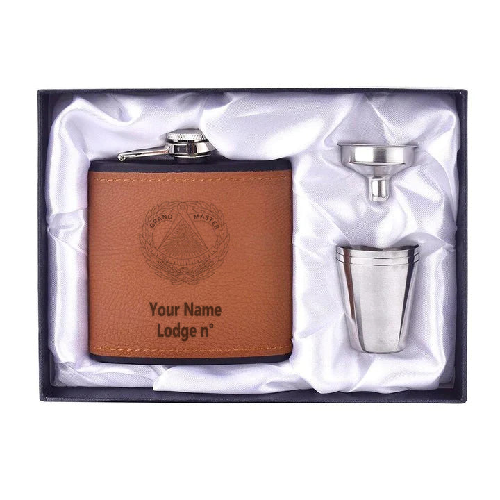 Grand Master Blue Lodge Flask - 6oz Full Set Shot Glass & Funnel - Bricks Masons