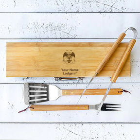 32nd Degree Scottish Rite Grill Tool - Wings Down BBQ Set & Bamboo Case - Bricks Masons